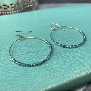 Gold delicate hoops miniature blue crystal beads